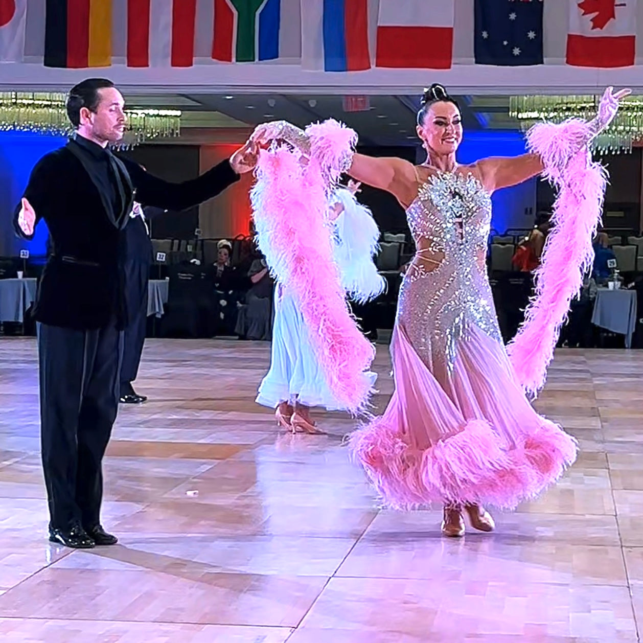 Pink Ballroom Standard Dress with Swarovski Crystals and Feathers