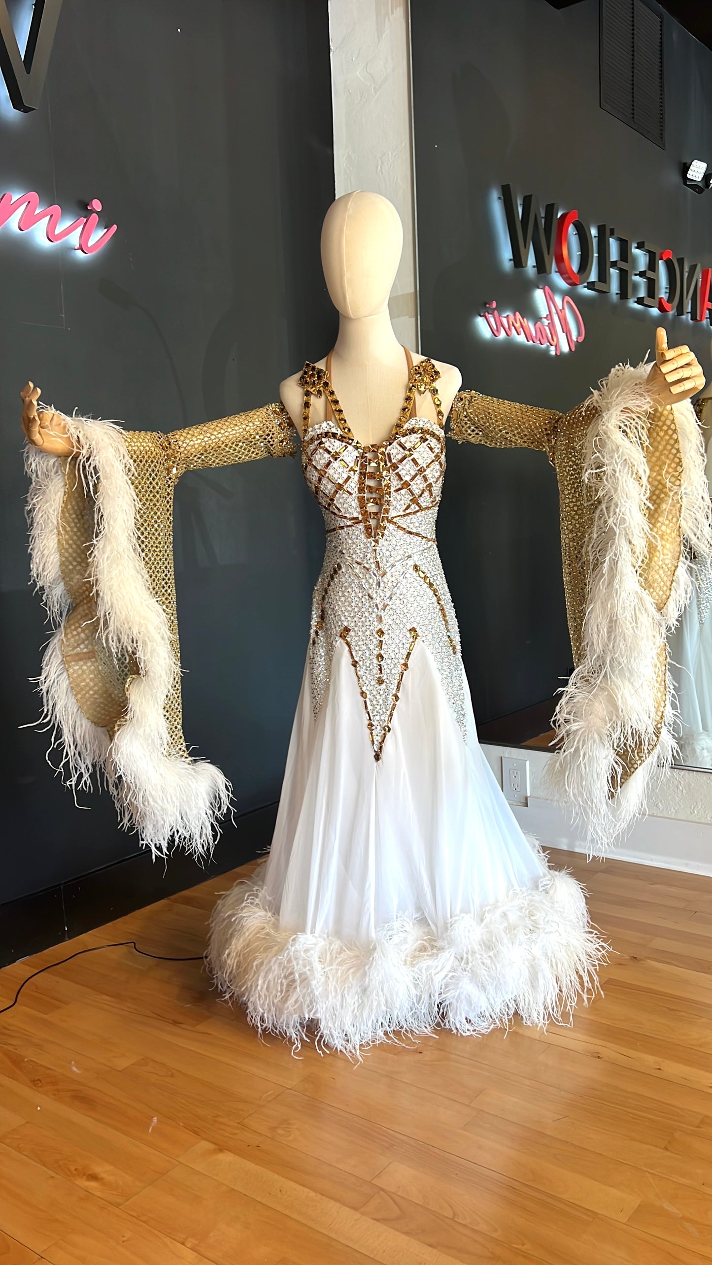 White & Gold Standard Ballroom Competition Dress with Swarovski & Feathers