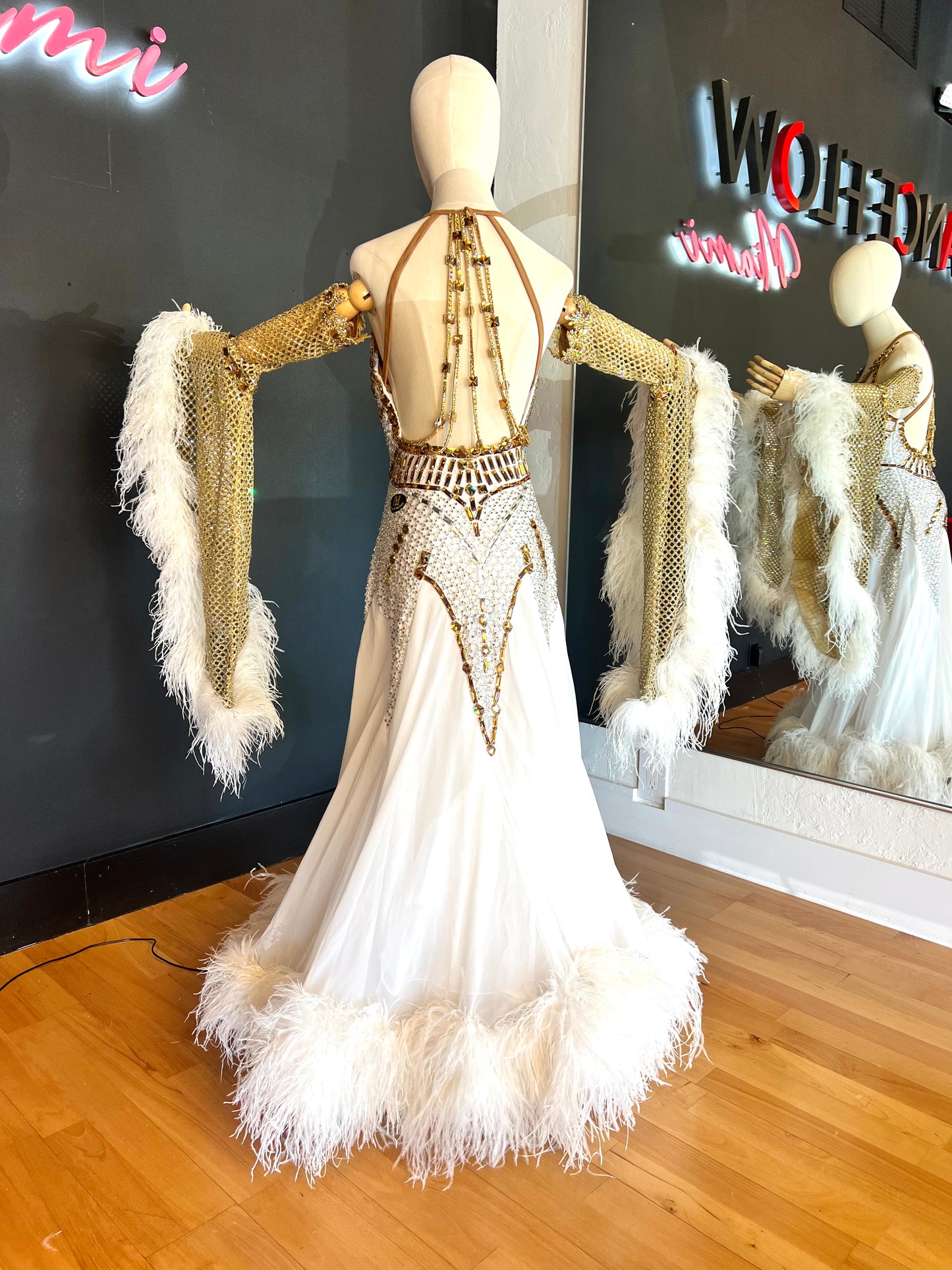 White & Gold Standard Ballroom Competition Dress with Swarovski & Feathers