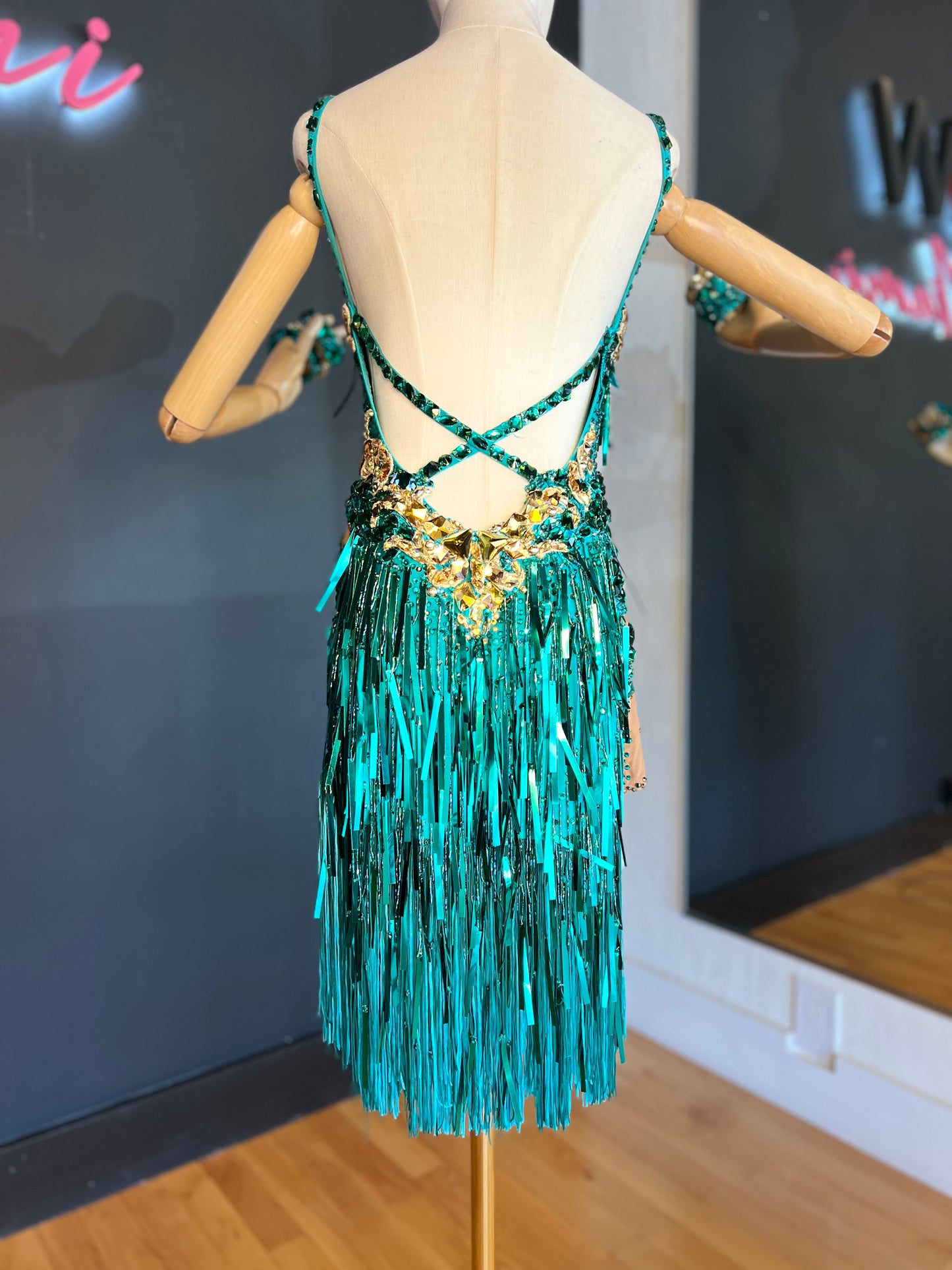 Emerald Latin Ballroom Dress with Gold Crystals and Fringe, Size M