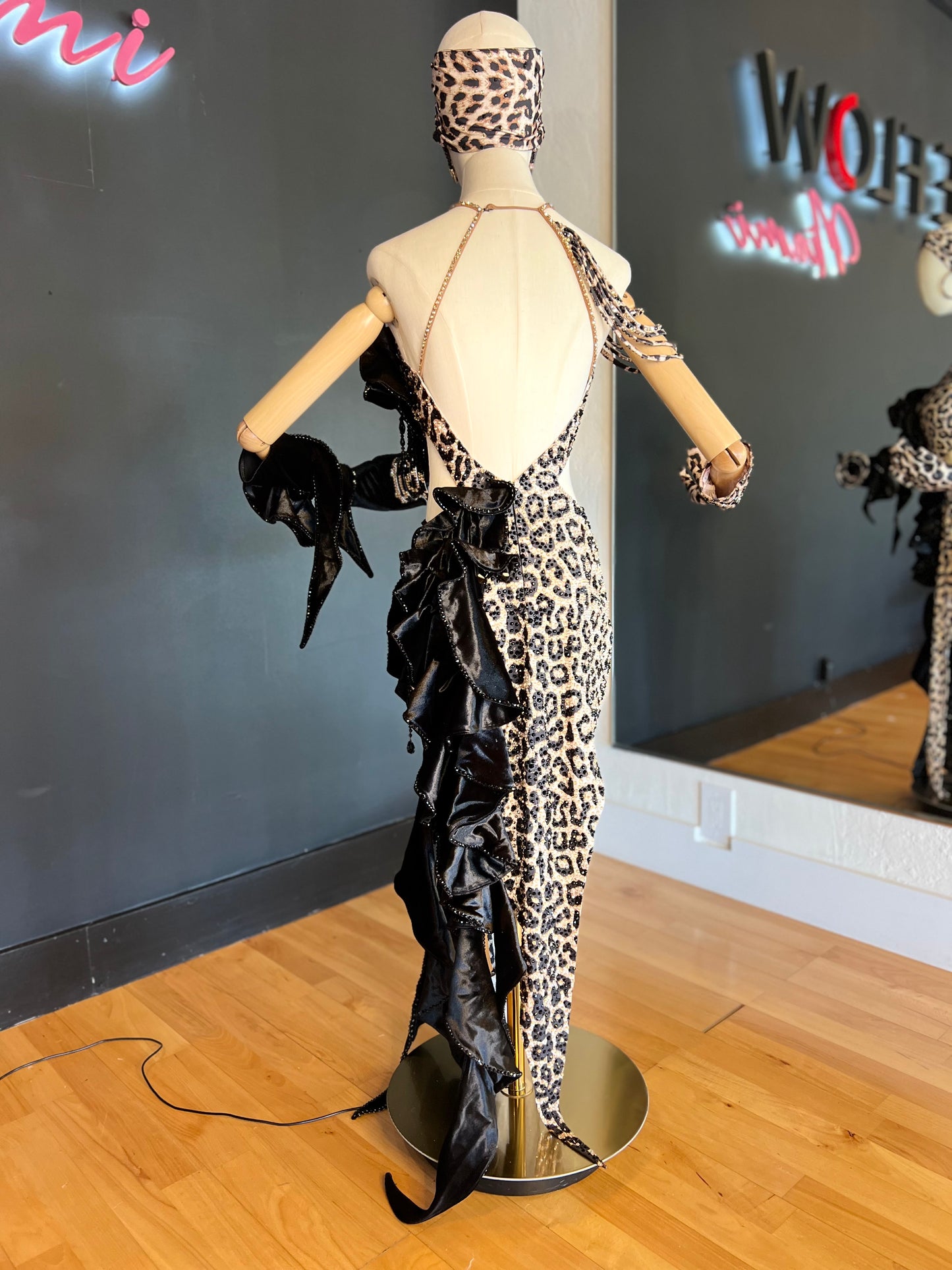 Leopard Latin Ballroom Dress with Black Ruffles