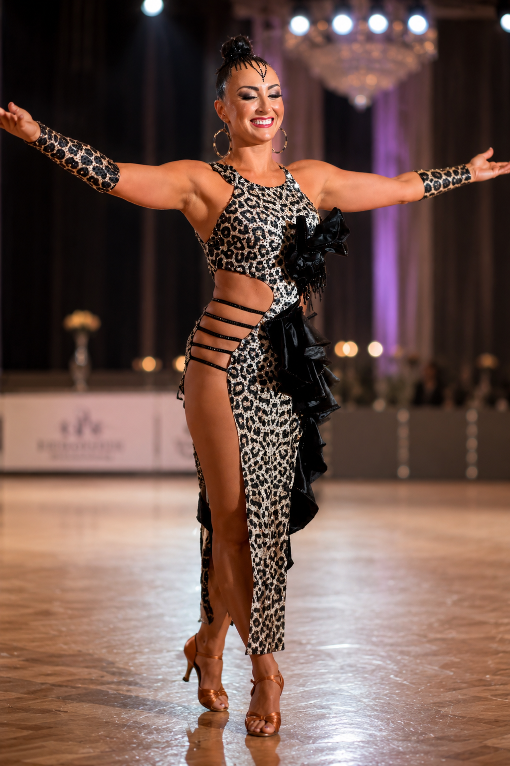 Leopard Latin Ballroom Dress with Black Ruffles