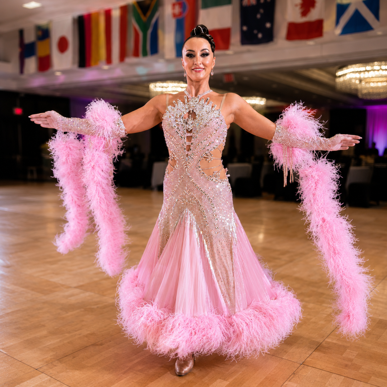 Pink Ballroom Standard Dress with Swarovski Crystals and Feathers