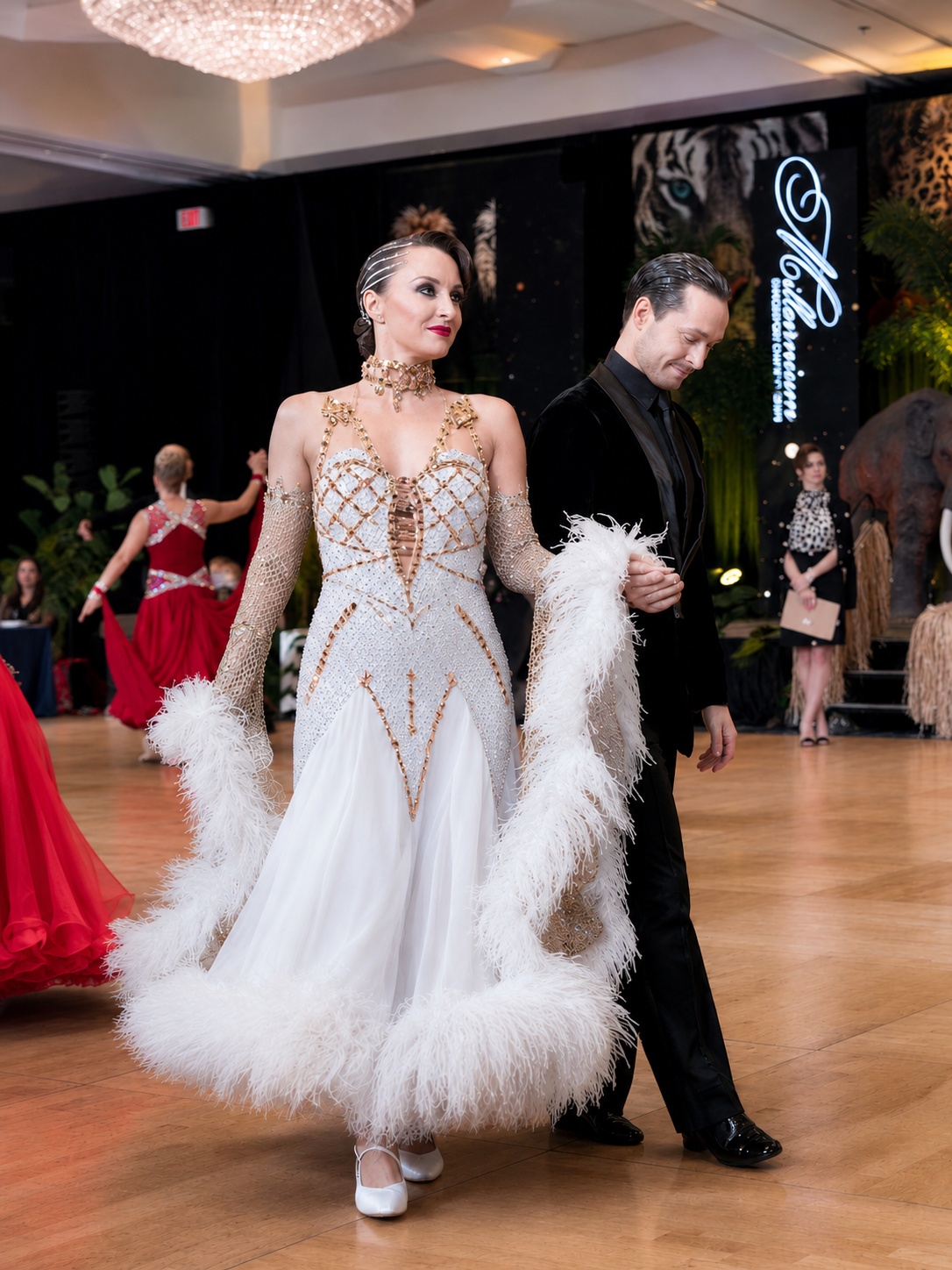 White & Gold Standard Ballroom Competition Dress with Swarovski & Feathers