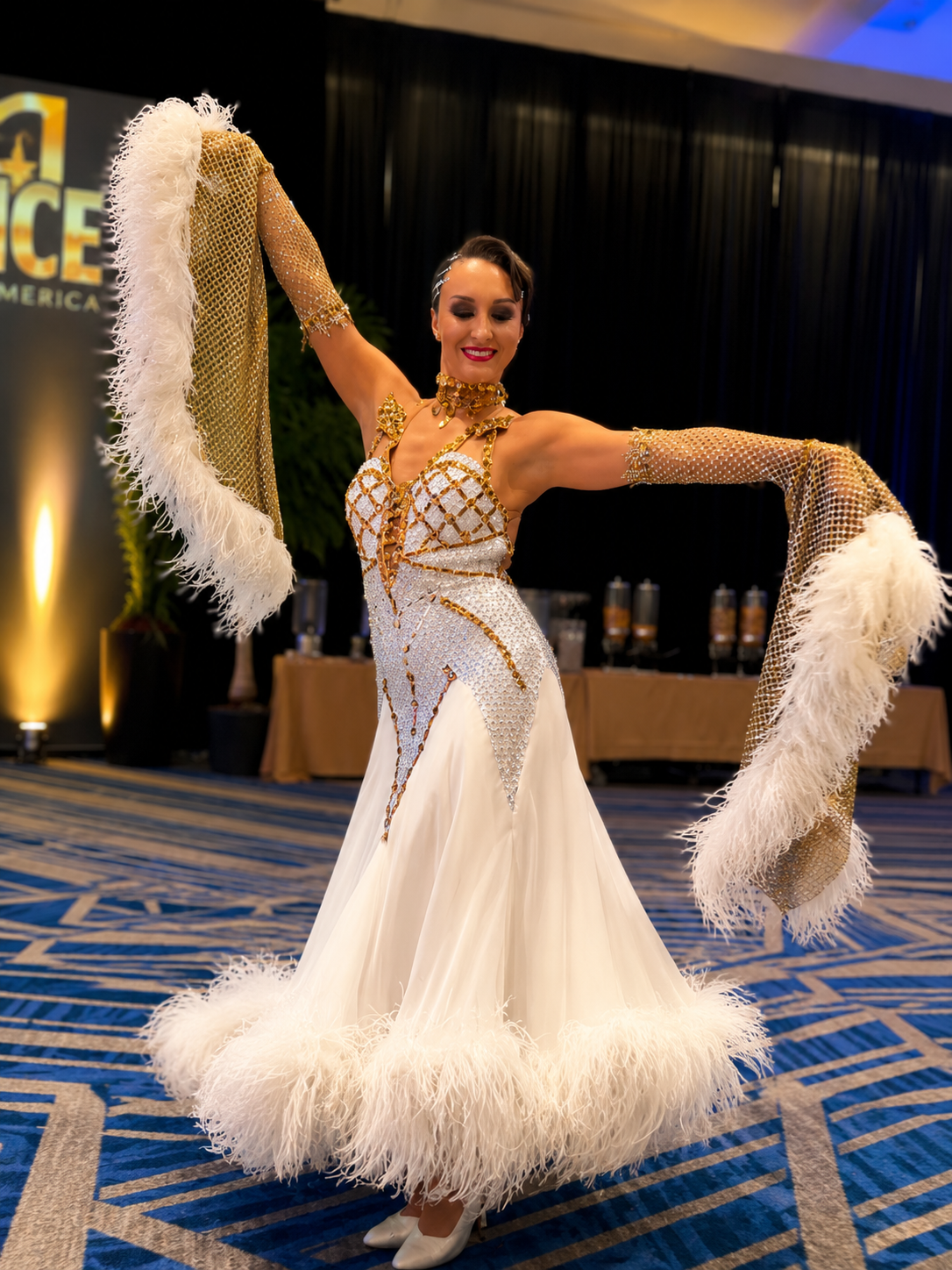White & Gold Standard Ballroom Competition Dress with Swarovski & Feathers