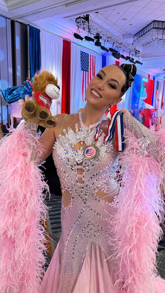 Pink Ballroom Standard Dress with Swarovski Crystals and Feathers