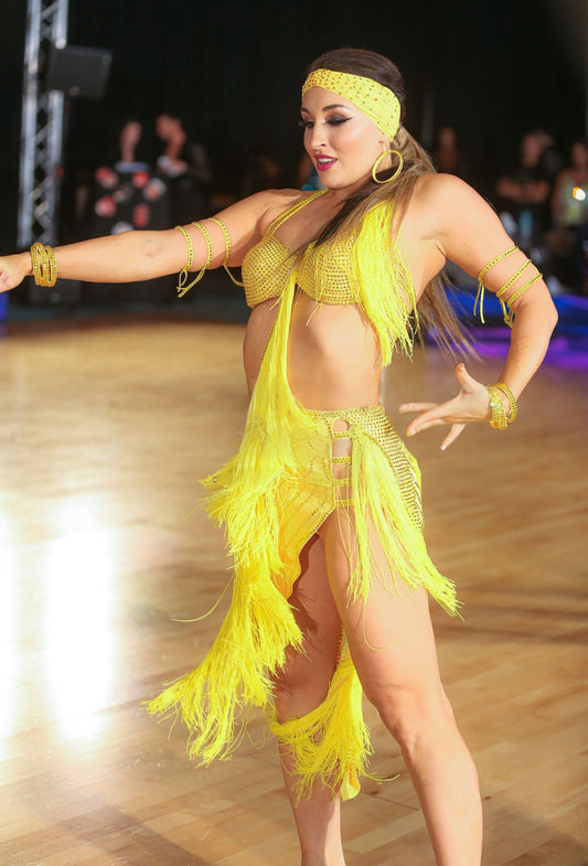 Yellow Latin Ballroom Dress – Swarovski Crystals & Fringe – Custom Fit (Size S/M)