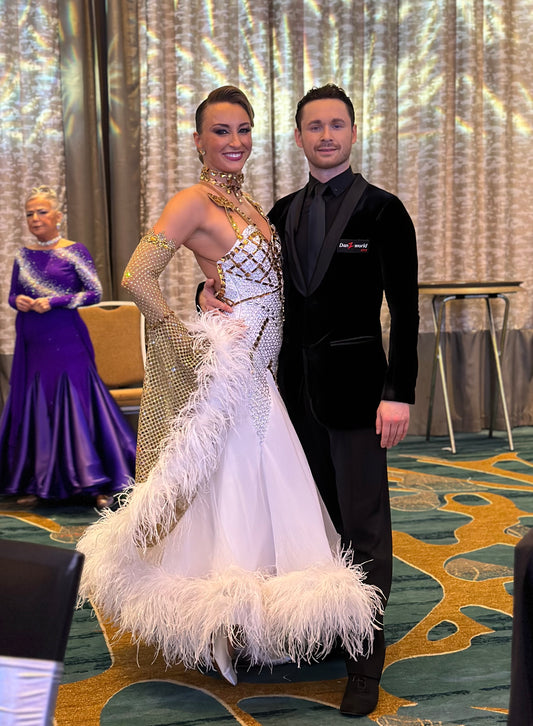 White & Gold Standard Ballroom Competition Dress with Swarovski & Feathers