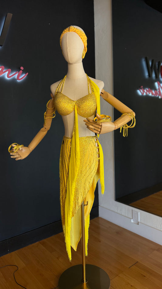 Yellow Latin Ballroom Dress – Swarovski Crystals & Fringe – Custom Fit (Size S/M)