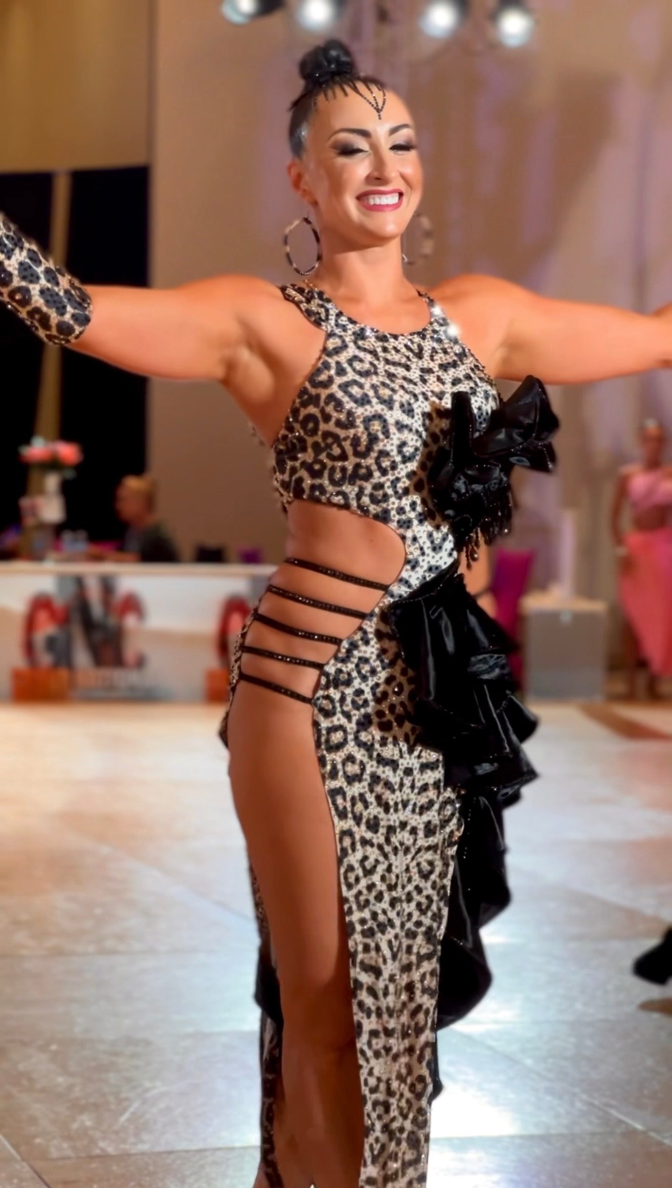 Leopard Latin Ballroom Dress with Black Ruffles