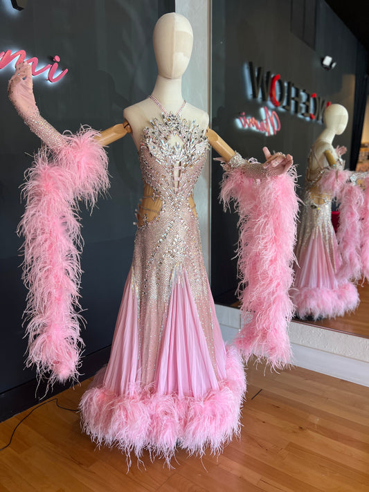 Pink Ballroom Standard Dress with Swarovski Crystals and Feathers