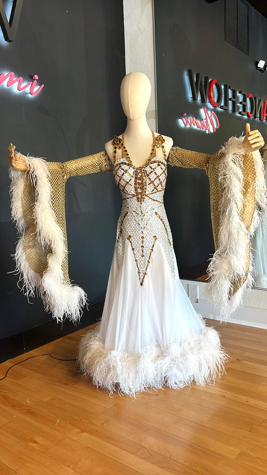 White & Gold Standard Ballroom Competition Dress with Swarovski & Feathers