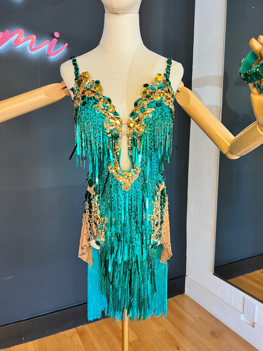 Emerald Latin Ballroom Dress with Gold Crystals and Fringe, Size M