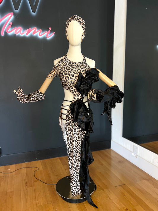 Leopard Latin Ballroom Dress with Black Ruffles